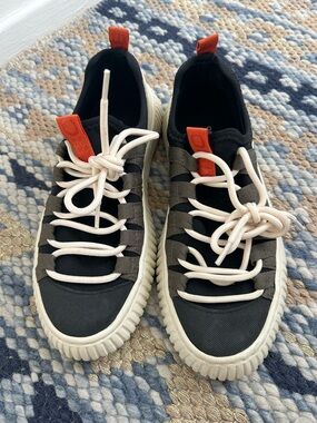 Women's Black and Cream Lace-Up Sneakers with Orange Accent